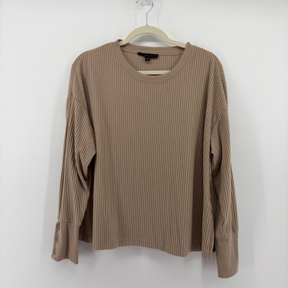 Jane + Delancey Size Large Tan‎ Ribbed Knit Top Button Cuff Long Sleeve Crewneck